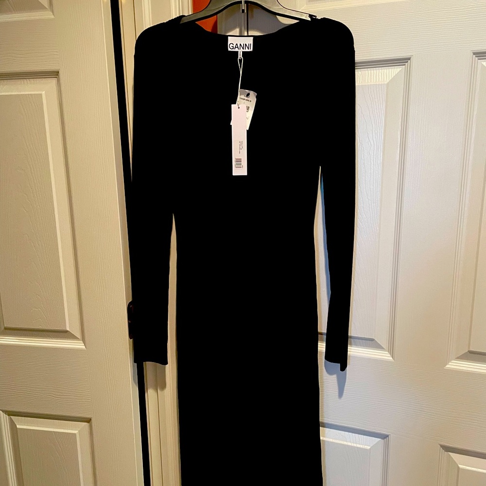 Ganni black fitted long sleeve dress; new with tags